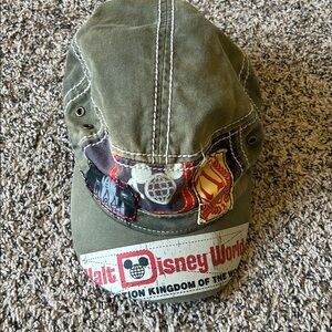 Disney Green Hat with Military Style and Embroidered Patches